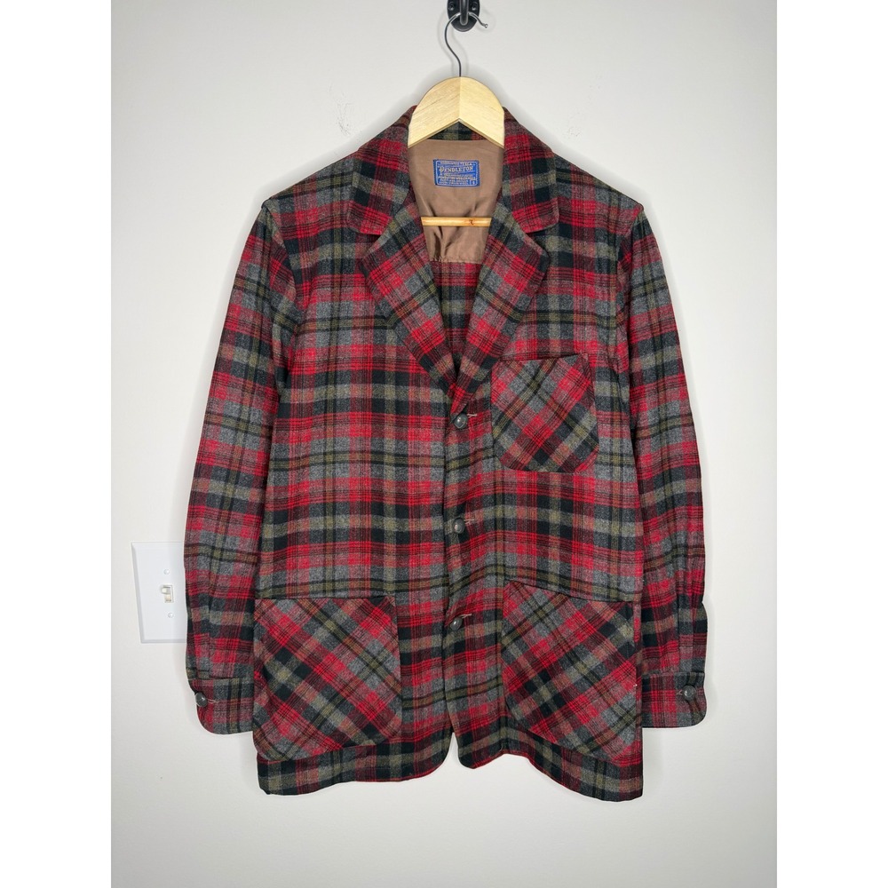 Vintage 60s 70s Pendleton Wool Blazer Mens Small Red Plaid 3 Button Patch Pocket